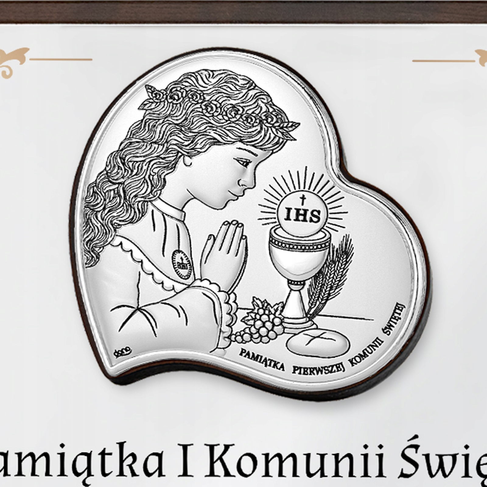 Srebrny obrazek prezent na KOMUNIĘ dla dziewczynki z NADRUKIEM