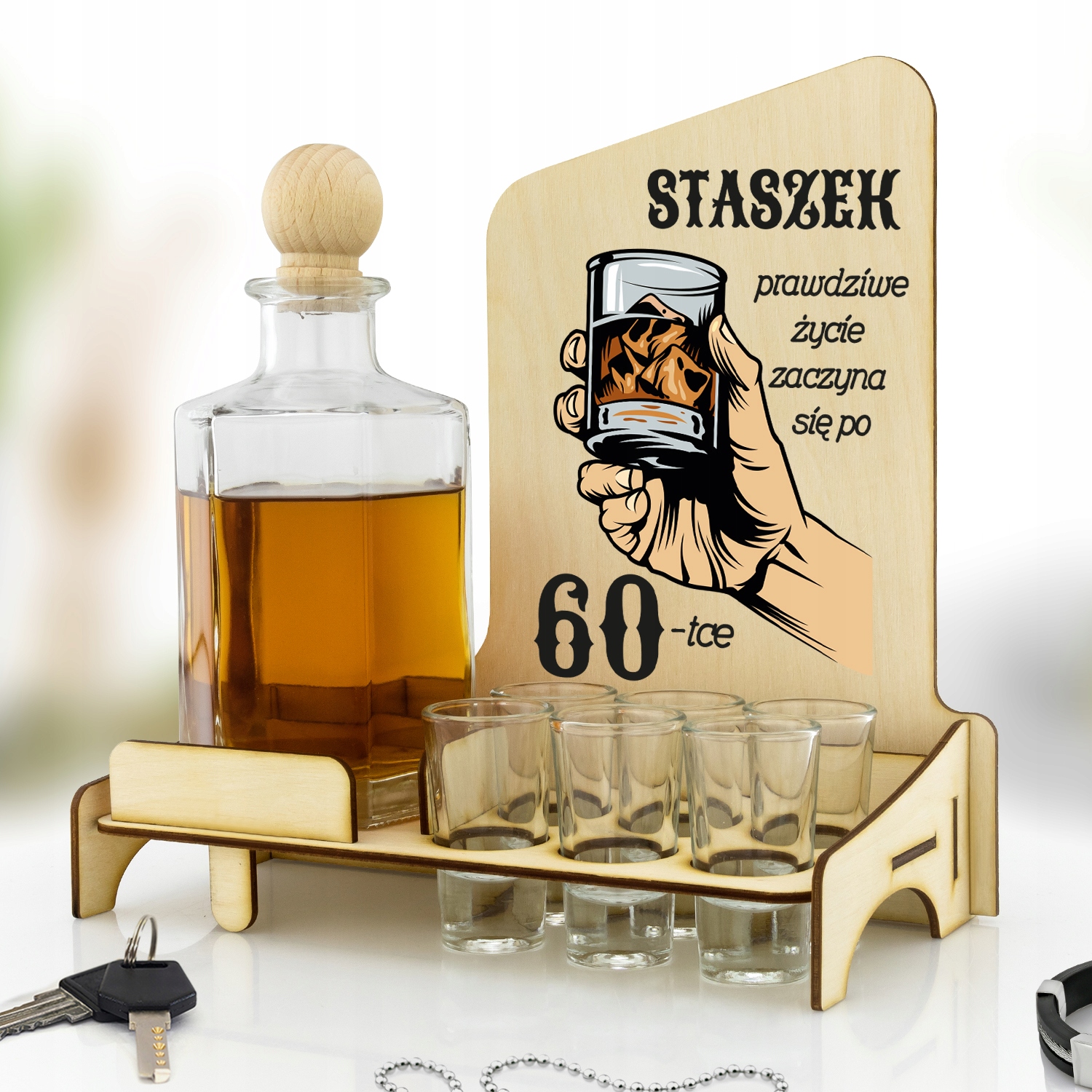 Karafka barek kieliszki z nadrukiem URODZINY 60