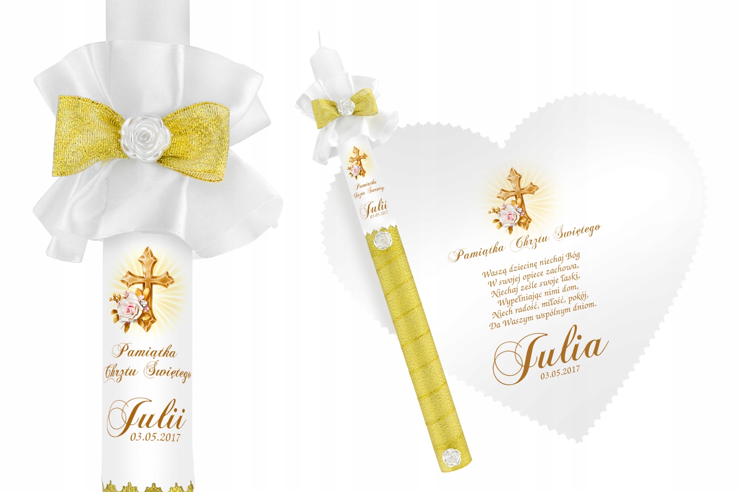 Biała szatka i świeca do Chrztu imię data WZORY