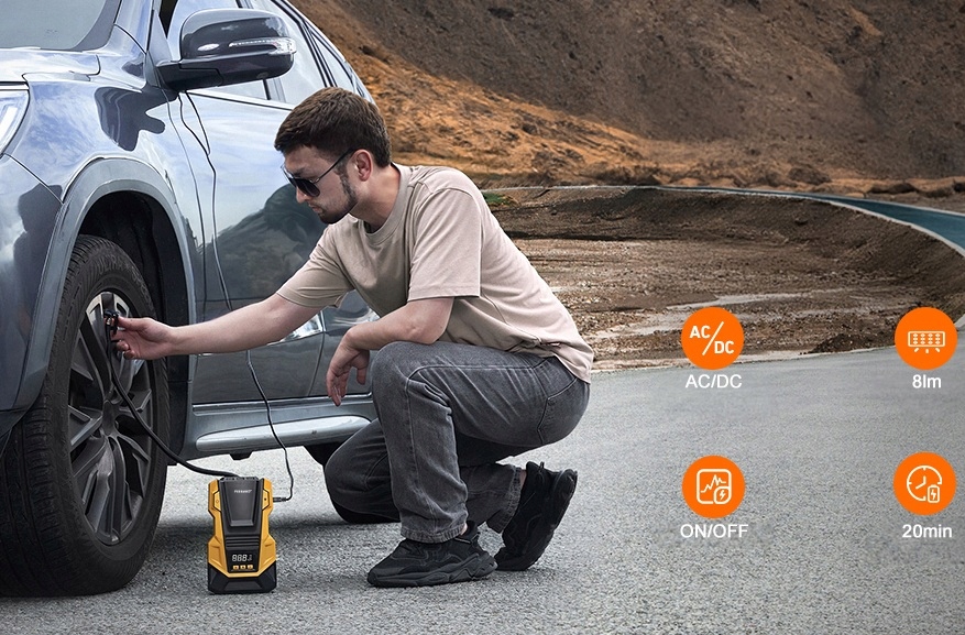 Kompresor Samochodowy 12V 230V Feegar Sprężarka Pompa Przenośna Do Kół Led