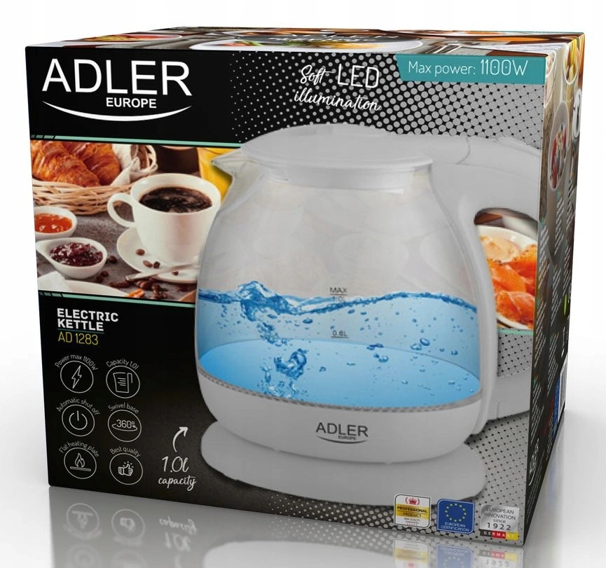 Szklany Czajnik 1L 1100W Adler Ad1283 Szary