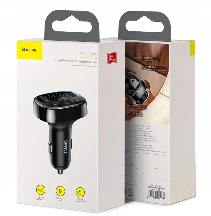 Baseus Transmiter Fm Bluetooth Ładowarka Mp3 2Xusb