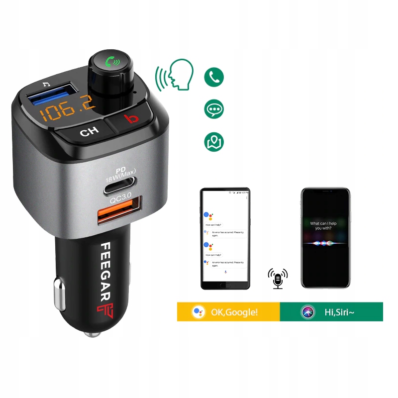 Feegar Transmiter Fm Bluetooth Ładowarka Qc 3.0 Pd