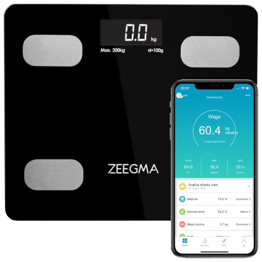 Waga Analityczna Łazienkowa Smart Czarna 17W1 Ios Android Zeegma