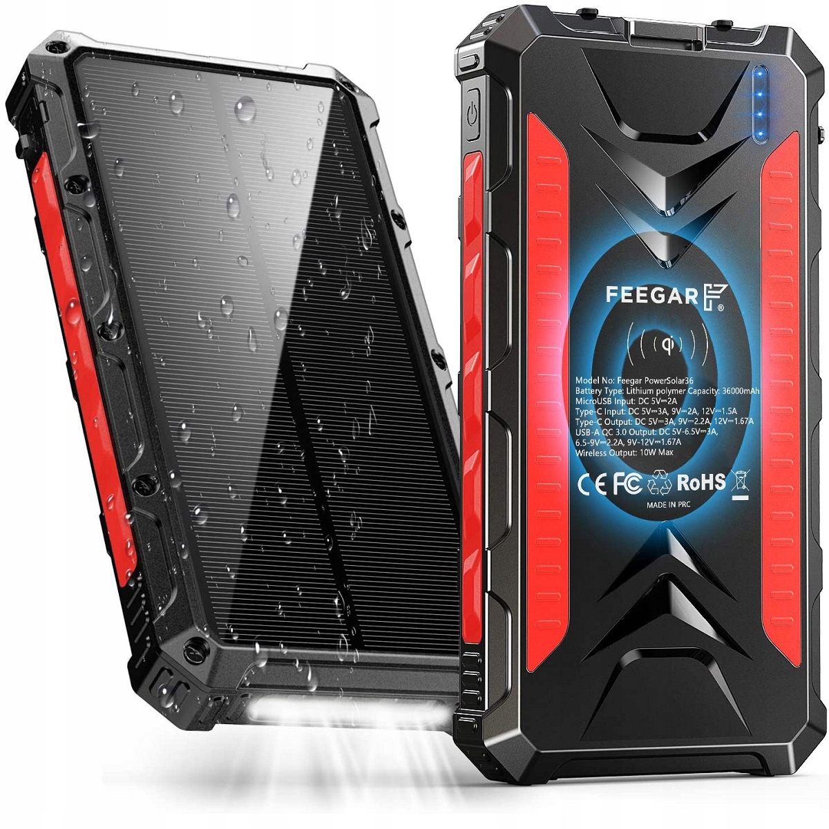 Power bank Solarny Feegar 36000mah 20W 4x USB-C QI  IP65 Latarka