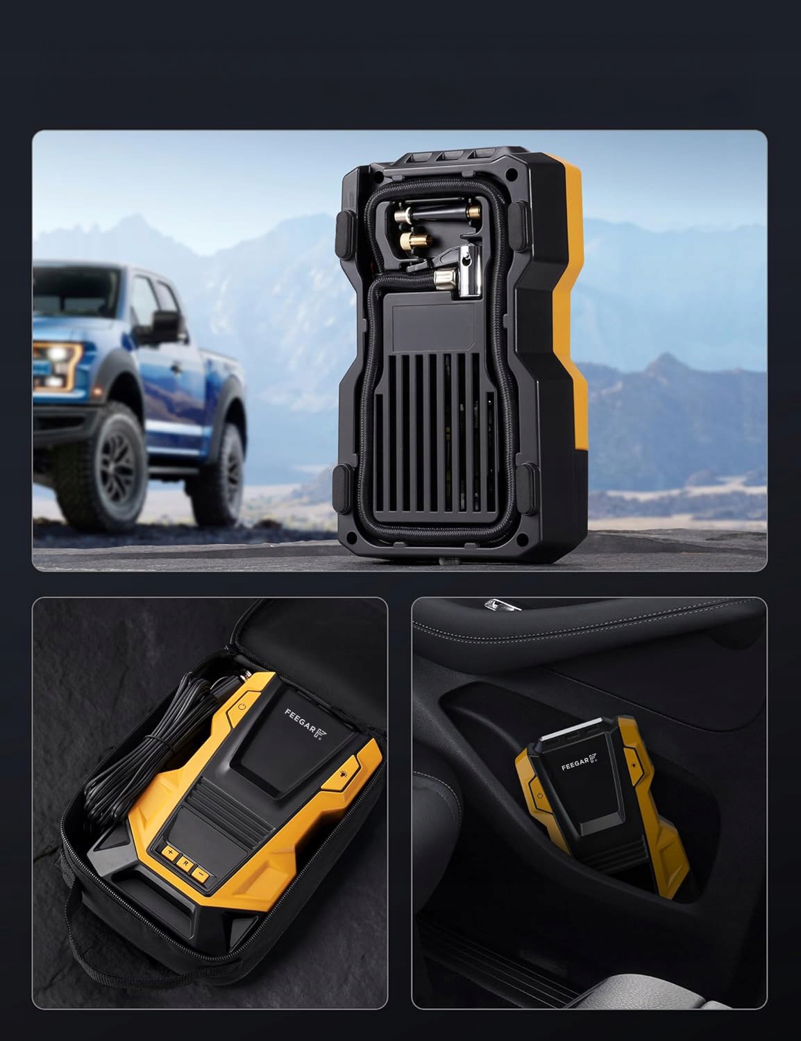 Kompresor Samochodowy 12V 230V Feegar Sprężarka Pompa Przenośna Do Kół Led
