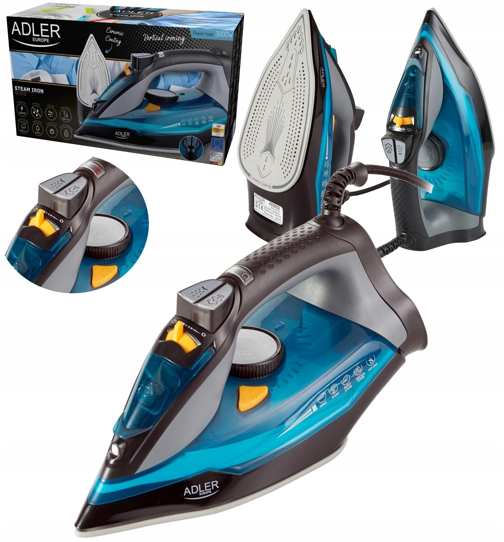 Mocne Żelazko Parowe Stopa Ceramiczna 3000W 9W1