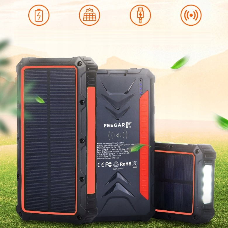 Power bank Solarny Feegar 36000mah 20W 4x USB-C QI  IP65 Latarka