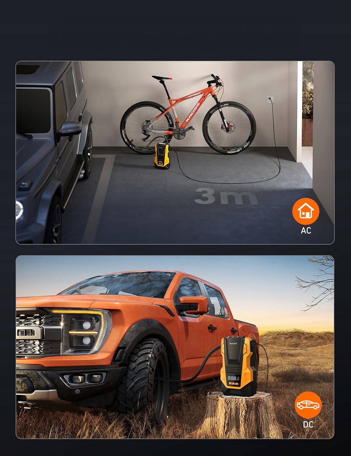 Kompresor Samochodowy 12V 230V Feegar Sprężarka Pompa Przenośna Do Kół Led