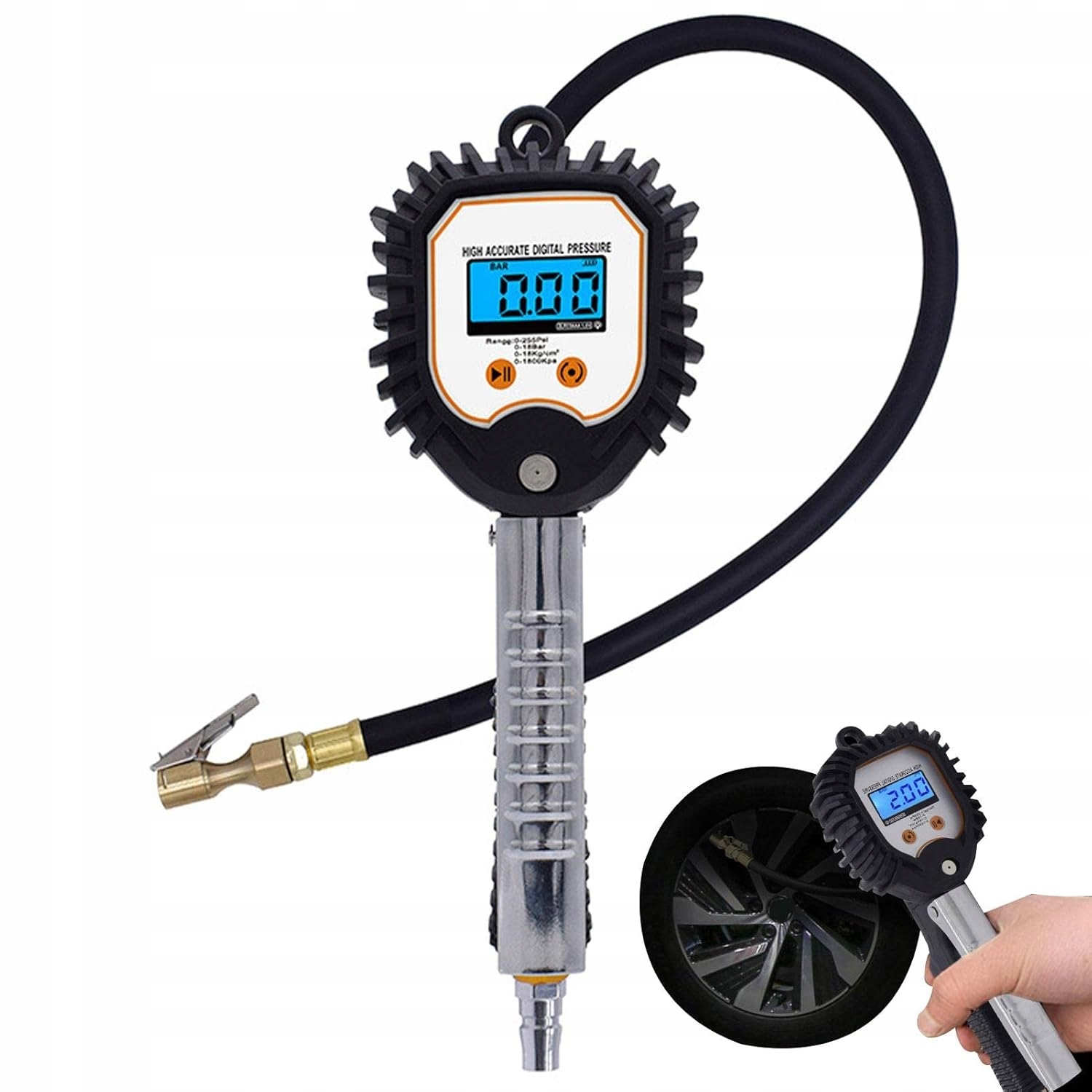 Pistolet do Pompowania Kół Opon z Manometrem Elektronicznym Cyfrowy 18 Bar