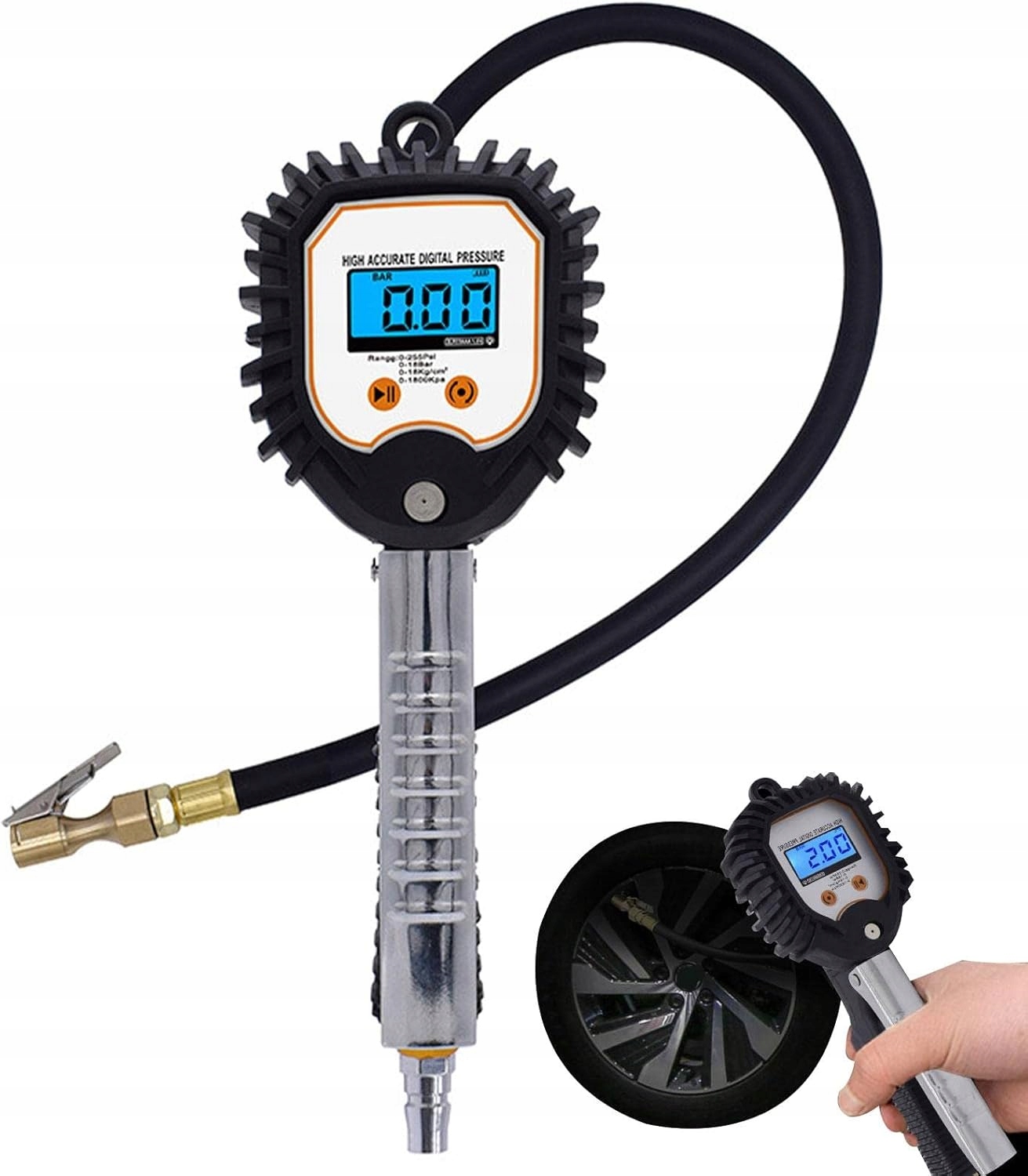Pistolet do Pompowania Kół Opon z Manometrem Elektronicznym Cyfrowy 18 Bar