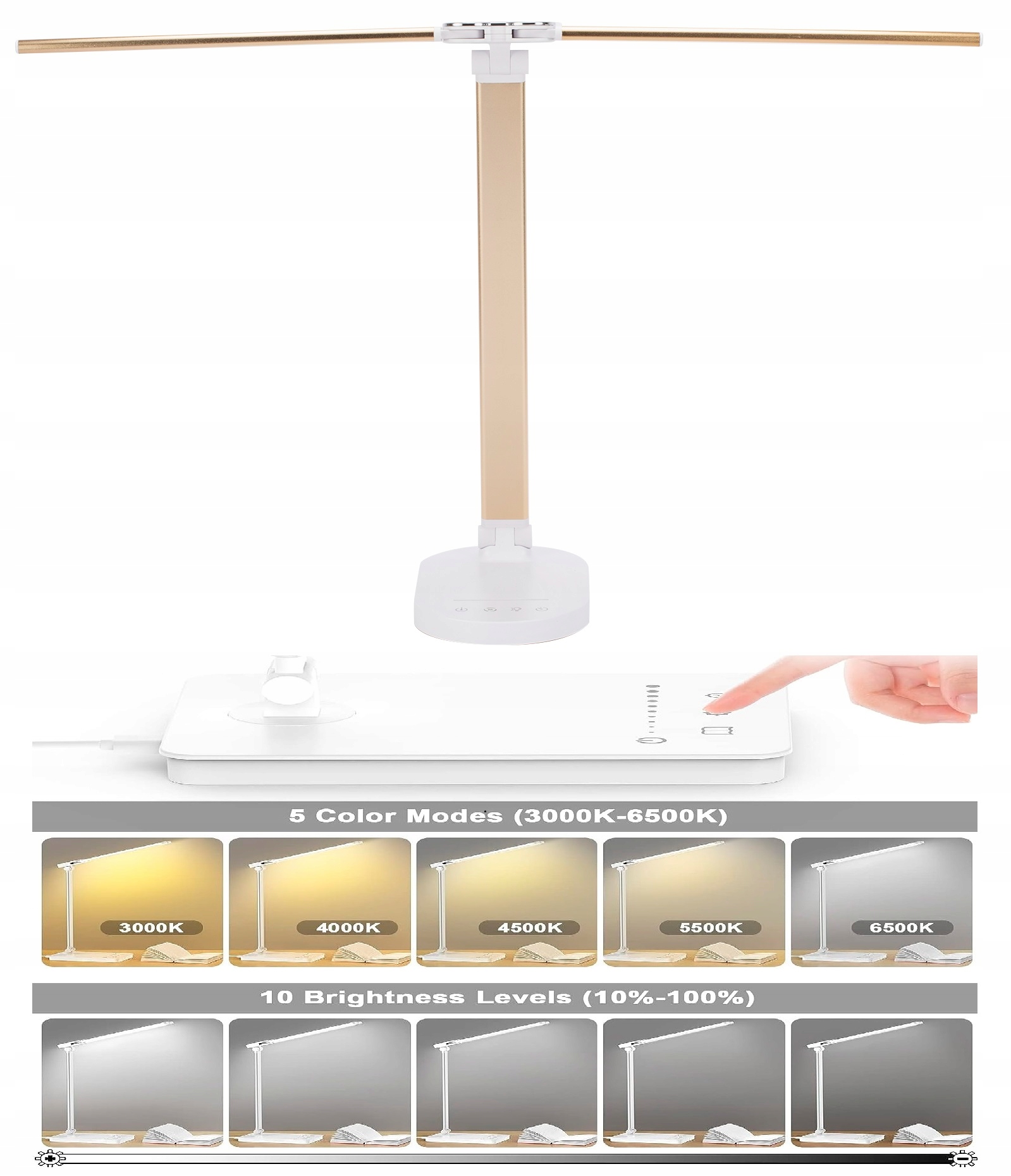 Lampka Led na Biurko biurkowa podwójna MOCNA ZŁOTA sterowana dotykowe