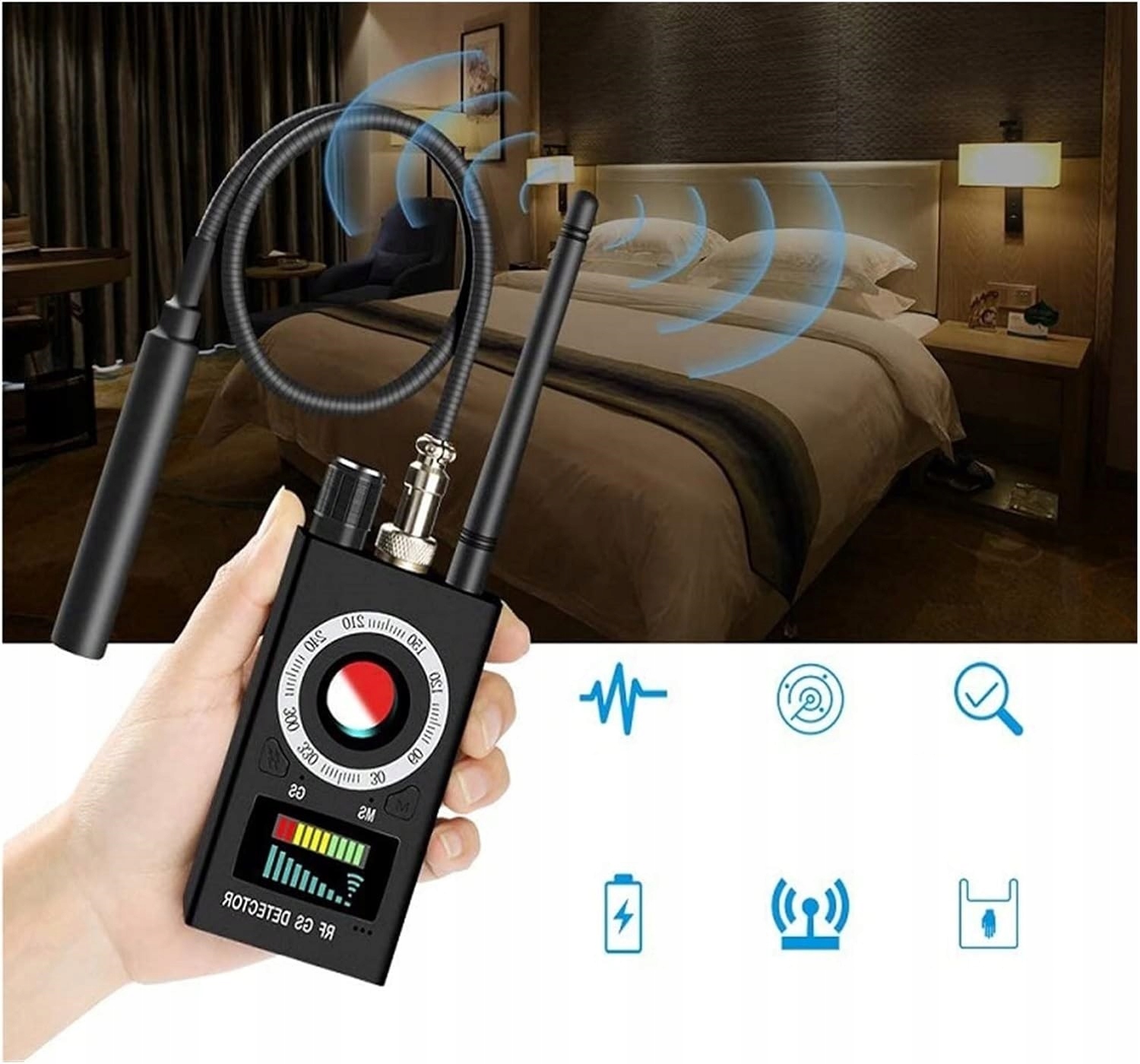 WYKRYWACZ PODSŁUCHÓW LOKALIZATORÓW GPS GSM LTE DETEKTOR KAMER WIFI K18