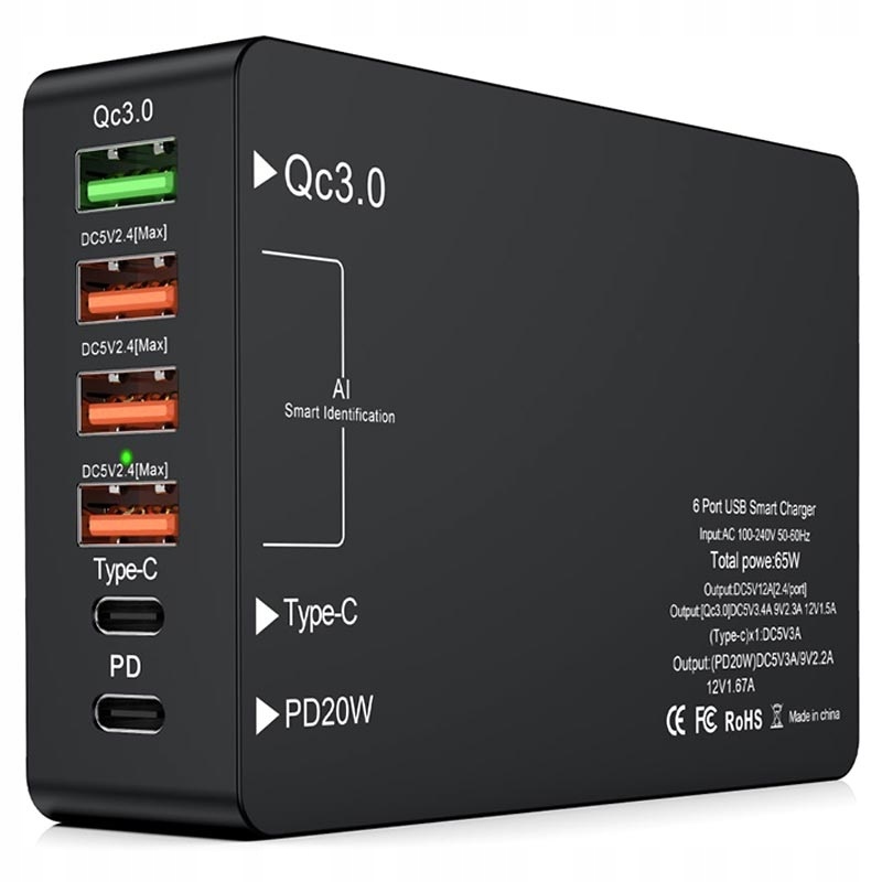 Szybka Ładowarka sieciowa 6 USB C PD 20W QC3.0 65W