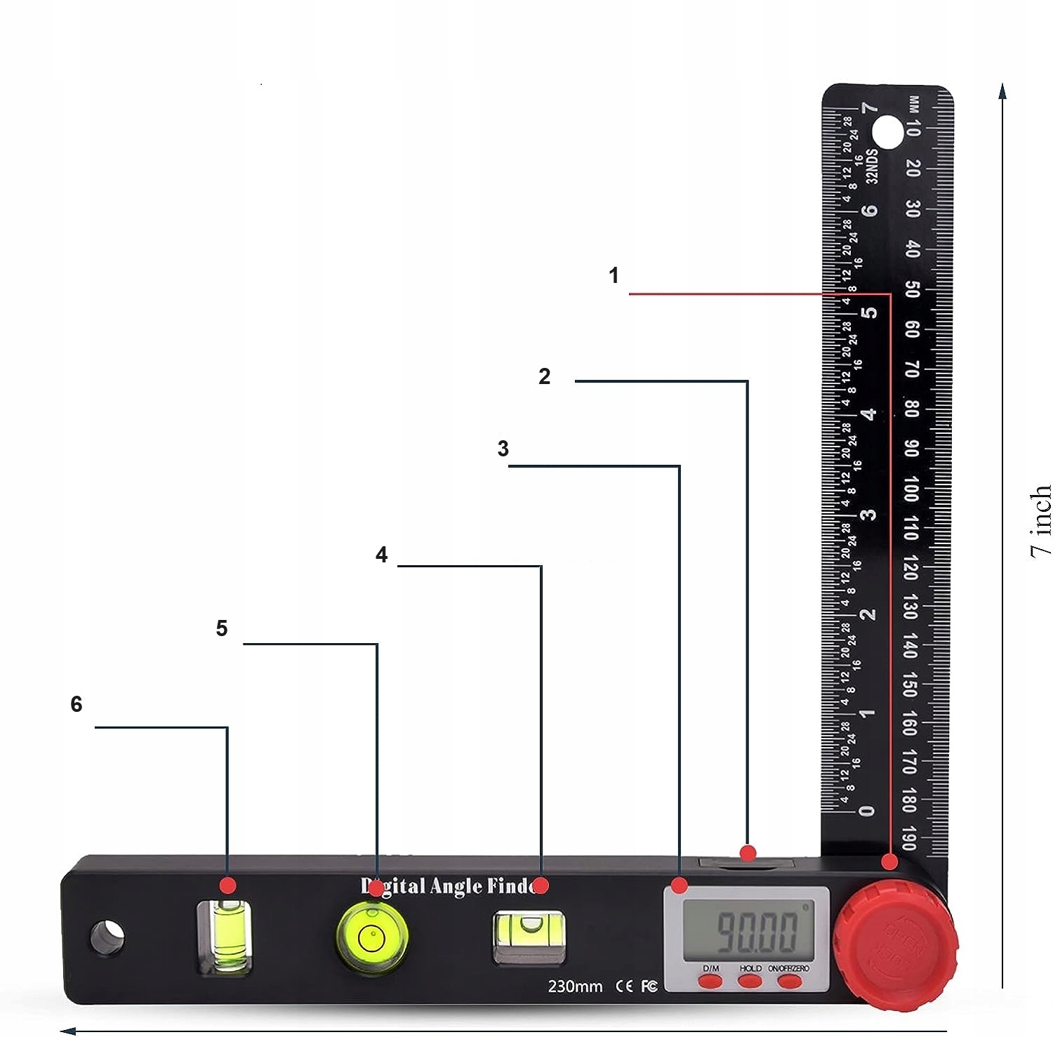 Kątomierz Elektroniczny Cyfrowy 230mm 360° + 3 POZIOMNICE