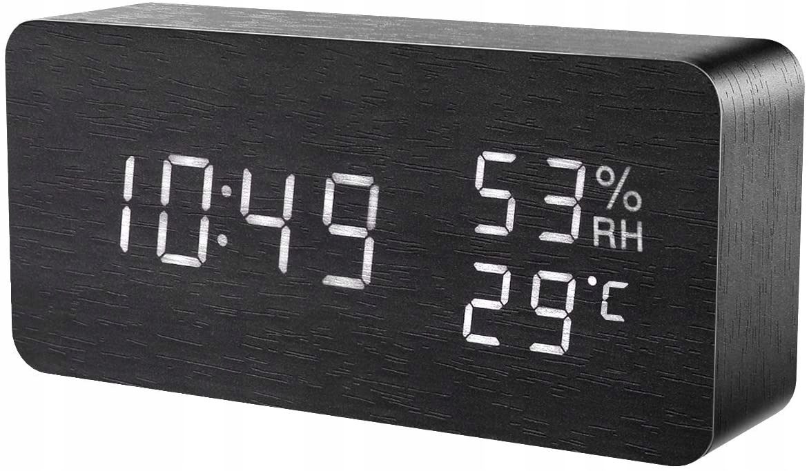 Elektroniczny Budzik Zegar Termometr Higrometr - czarny