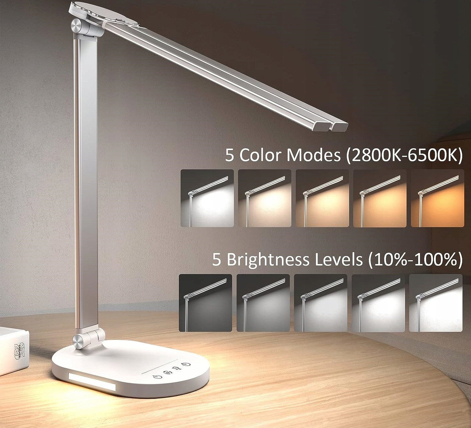 Lampa biurkowa LED podwójna MOCNA + ładowarka na biurko BIAŁA sterowana