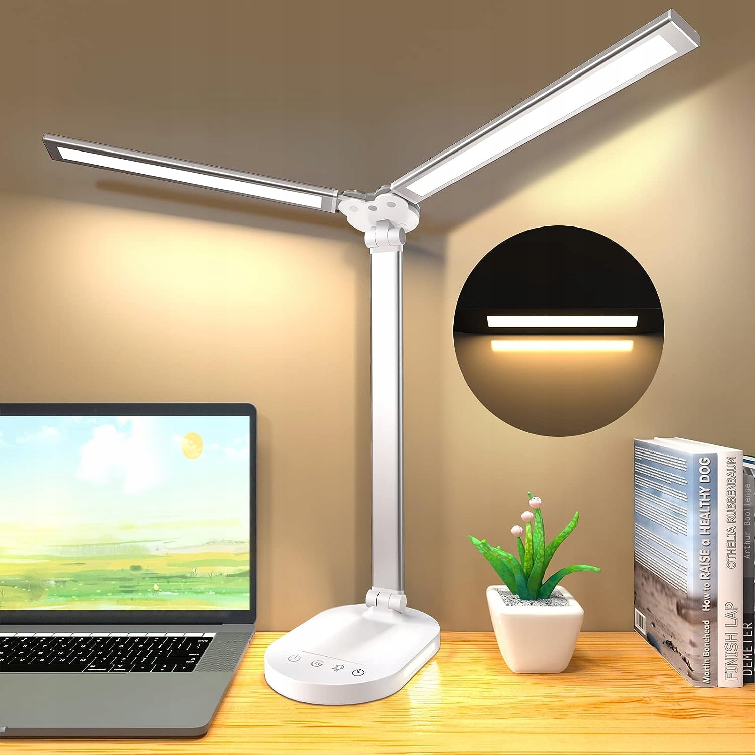 Lampa biurkowa LED podwójna MOCNA + ładowarka na biurko BIAŁA sterowana