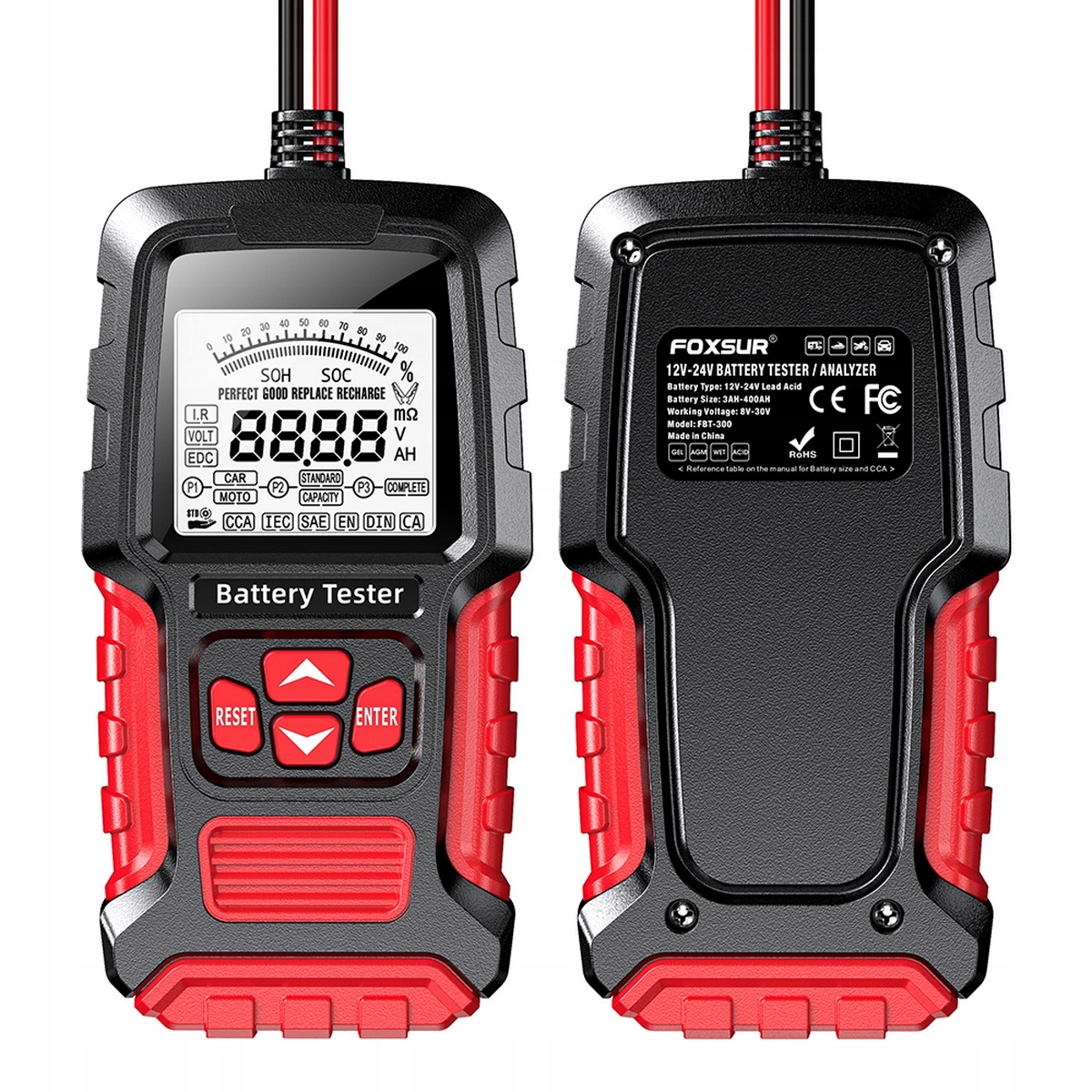 CYFROWY TESTER DO AKUMULATORÓW BATERII 12V 24V FOXSUR FBT-300 3Ah - 400Ah