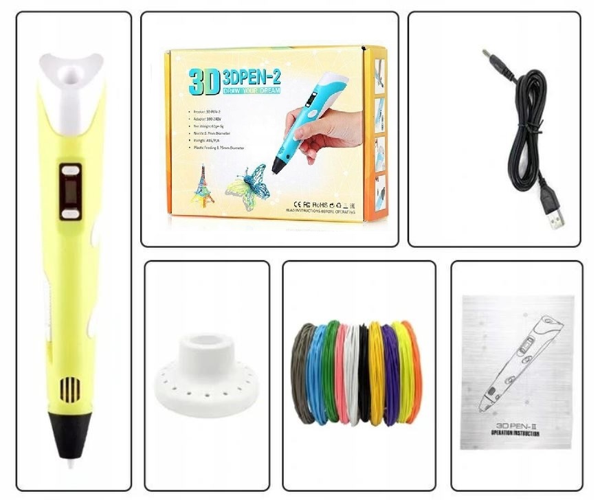 DŁUGOPIS DRUKARKA 3D PEN ZESTAW + WKŁADY 9 METRÓW ŻÓŁTY