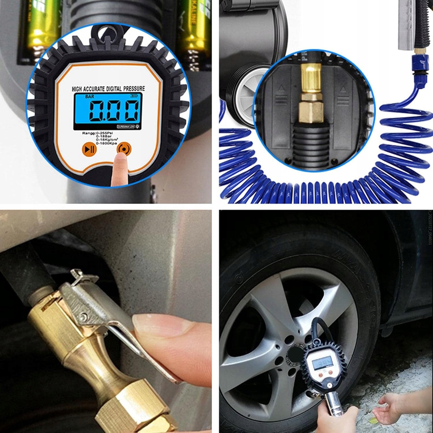 Pistolet do Pompowania Kół Opon z Manometrem Elektronicznym Cyfrowy 18 Bar