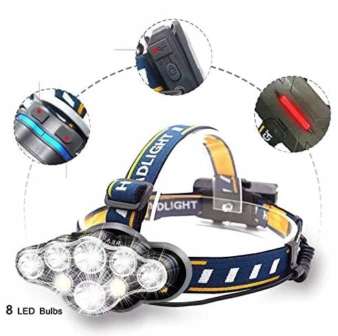Mocna LATARKA CZOŁOWA 8 LED Lampka CZOŁÓWKA AKU