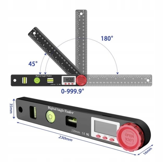 Kątomierz Elektroniczny Cyfrowy 230mm 360° + 3 POZIOMNICE