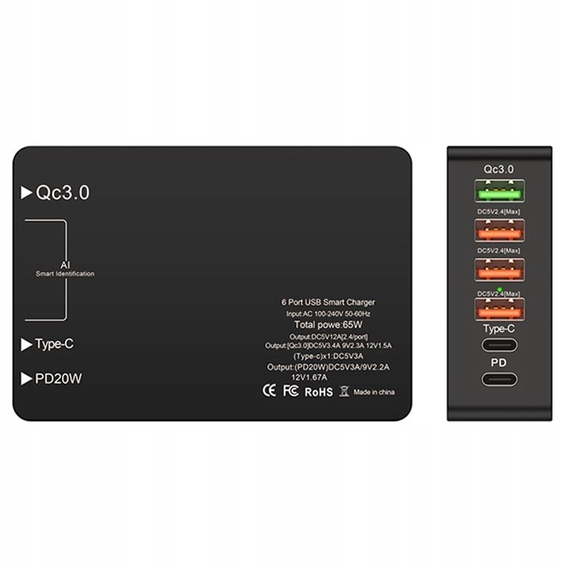 Szybka Ładowarka sieciowa 6 USB C PD 20W QC3.0 65W