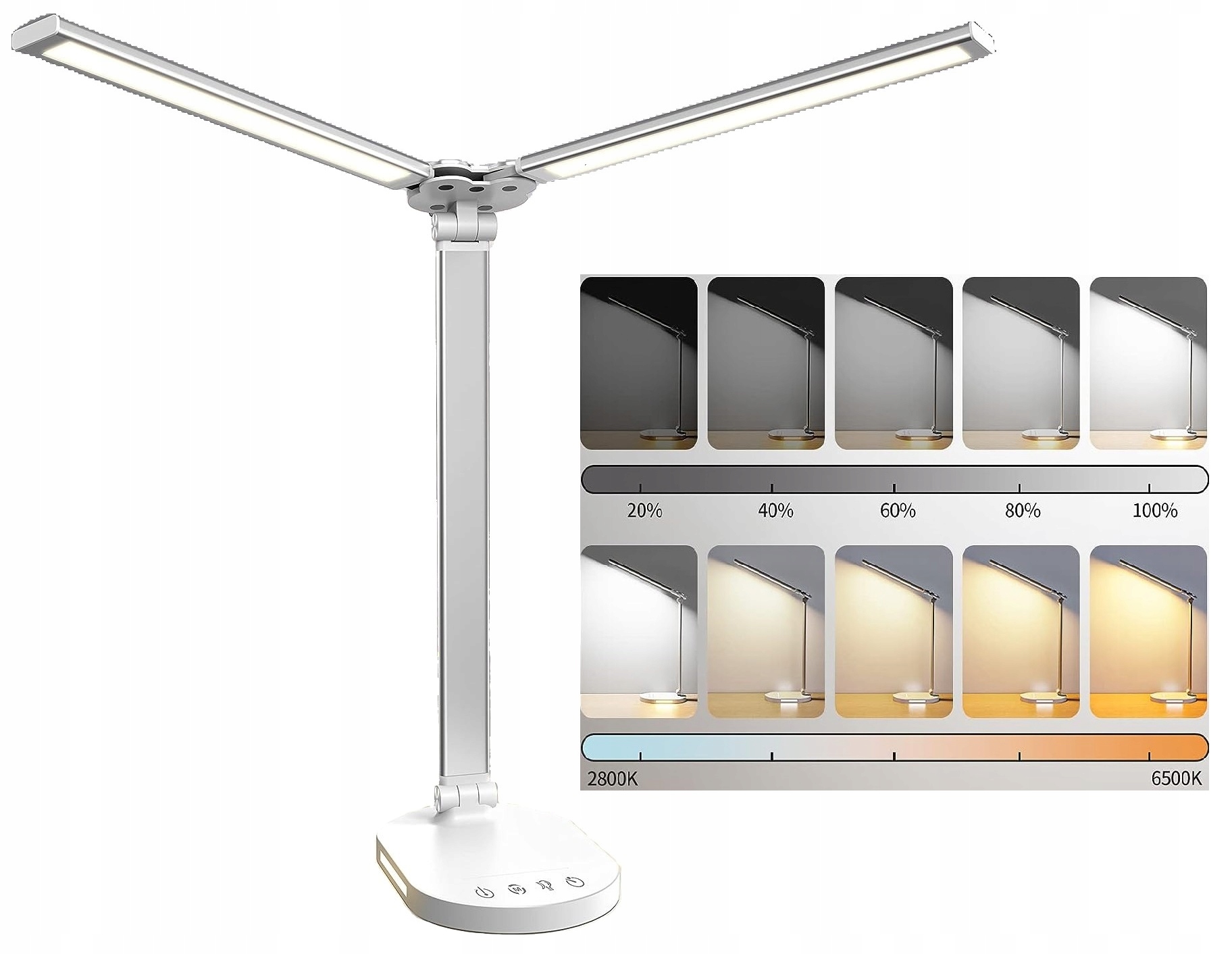 Lampa biurkowa LED podwójna MOCNA + ładowarka na biurko BIAŁA sterowana