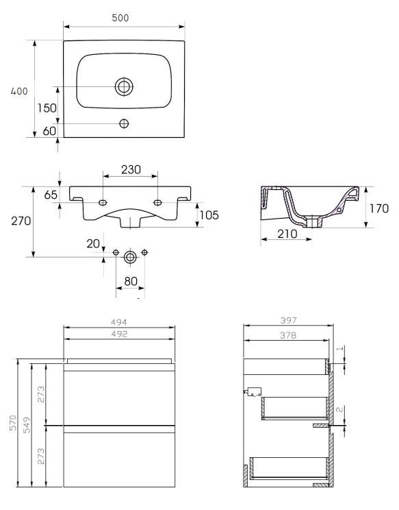 Cersanit MODUO 50 - rysunek techniczny