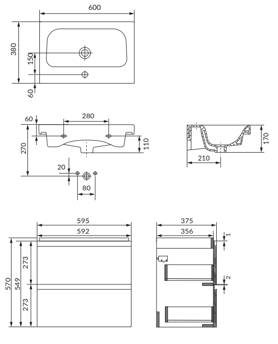 Cersanit Moduo Slim 60 - rysunek techniczny