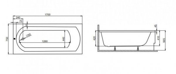 Polimat wanna prostokątna Classic rysunek techniczny