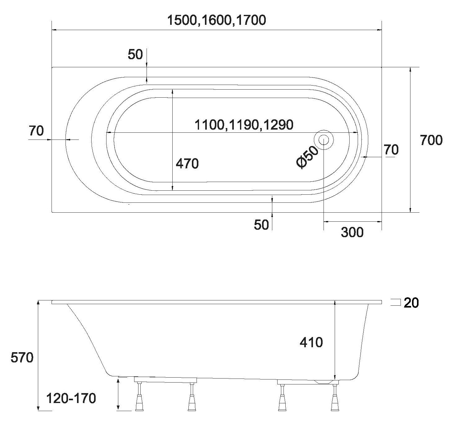 Schedpol wanna prostokątna Kronos Oval - rysunek techniczny