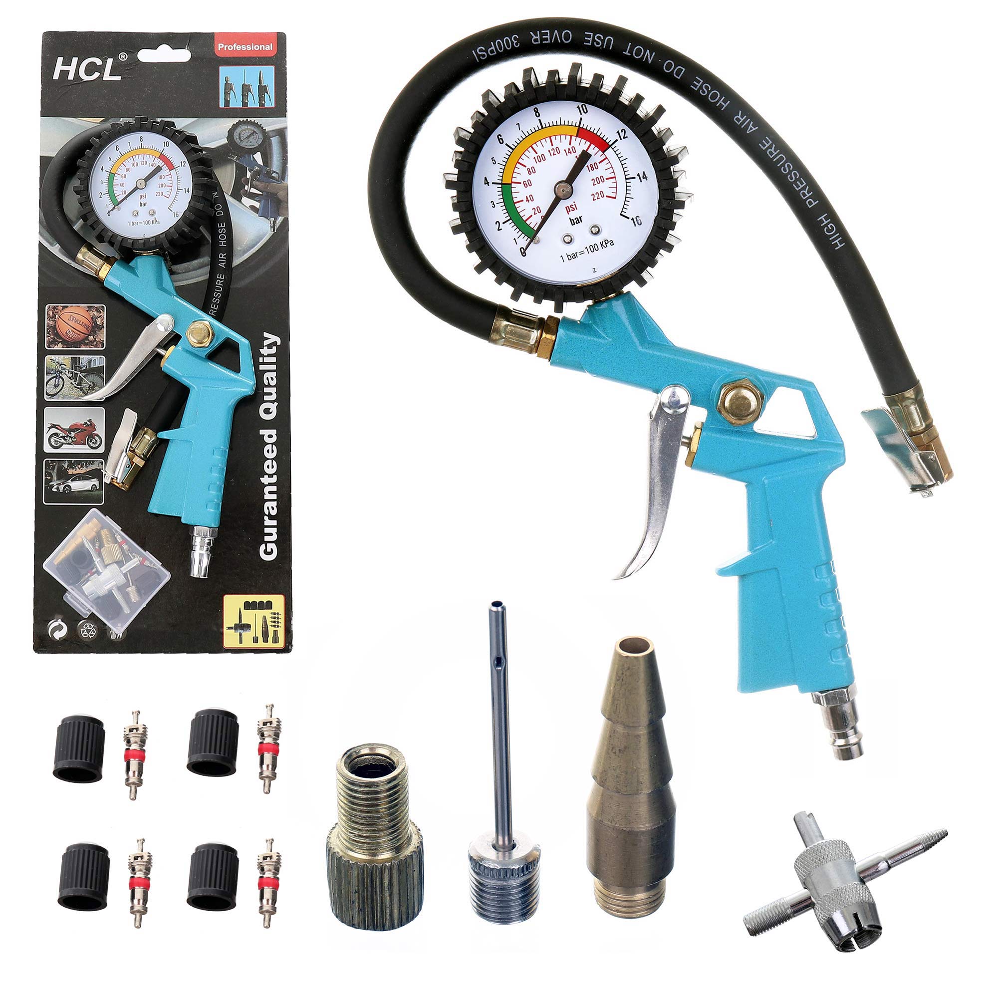 Reifenfüllpistole Mit Manometer 0-16 Bar + Adapter Set - Für Auto, Bälle & Matratzen