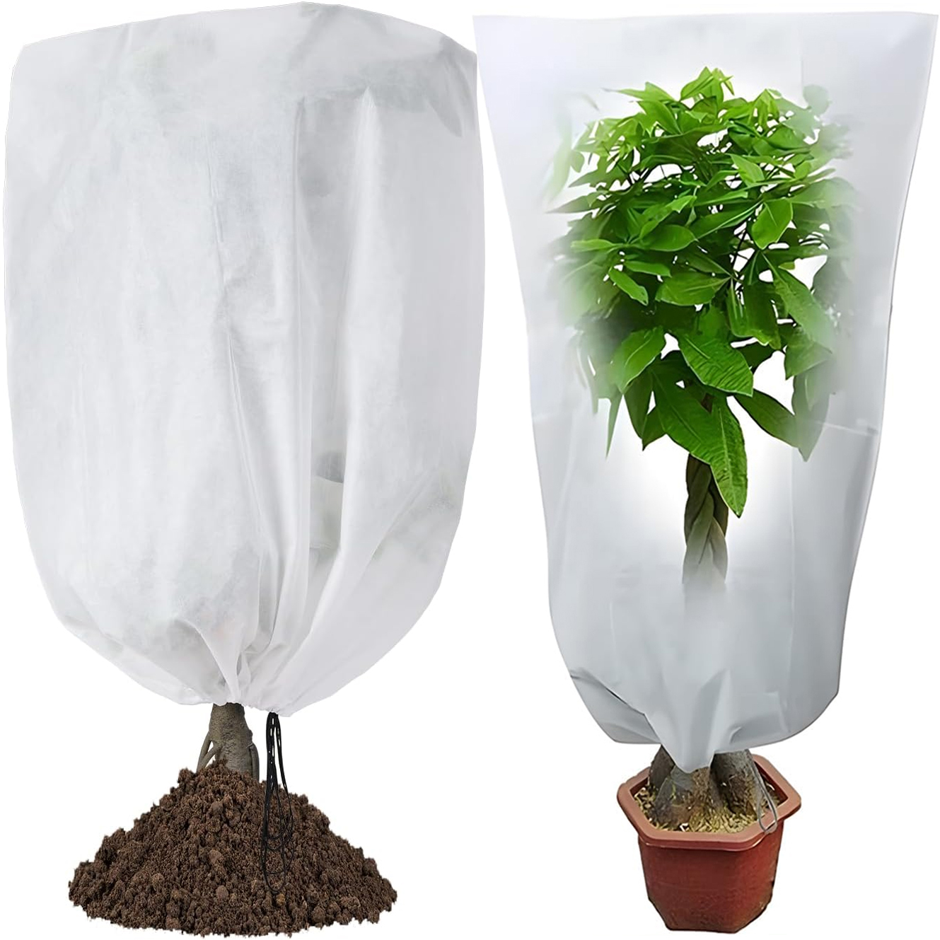 Husa de protectie anti-inghet John Green, alba, cu snur, acoperind un arbust, protejandu-l de frigul iernii.