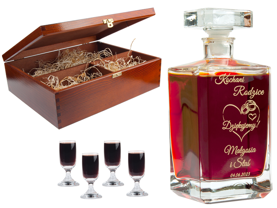 KARAFKA z 4 kieliszkami w etui ROCZNICA ŚLUBU prezent 20 25 30 35 40 50 60