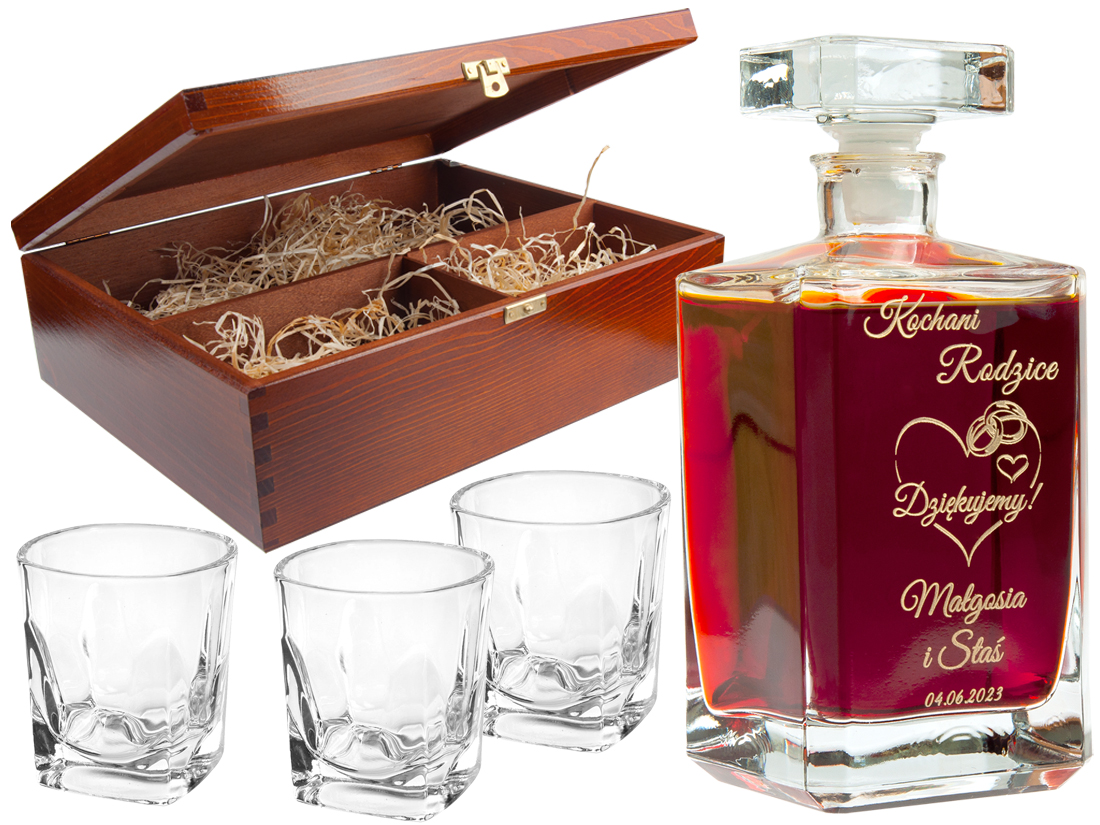 KARAFKA z 3 szklankami w etui ROCZNICA ŚLUBU prezent 20 25 30 35 40 50 60