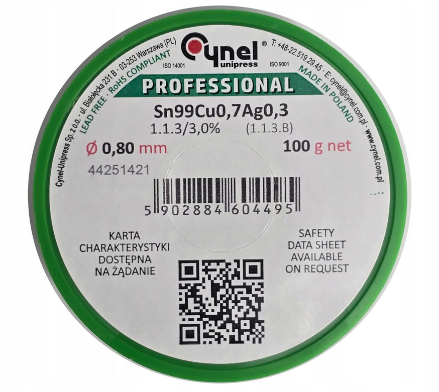 Cynel cyna do lutowania bezołowiowy Sn99.3Cu0.7 1.1.3 topnik 3% Ø0.80mm 100g