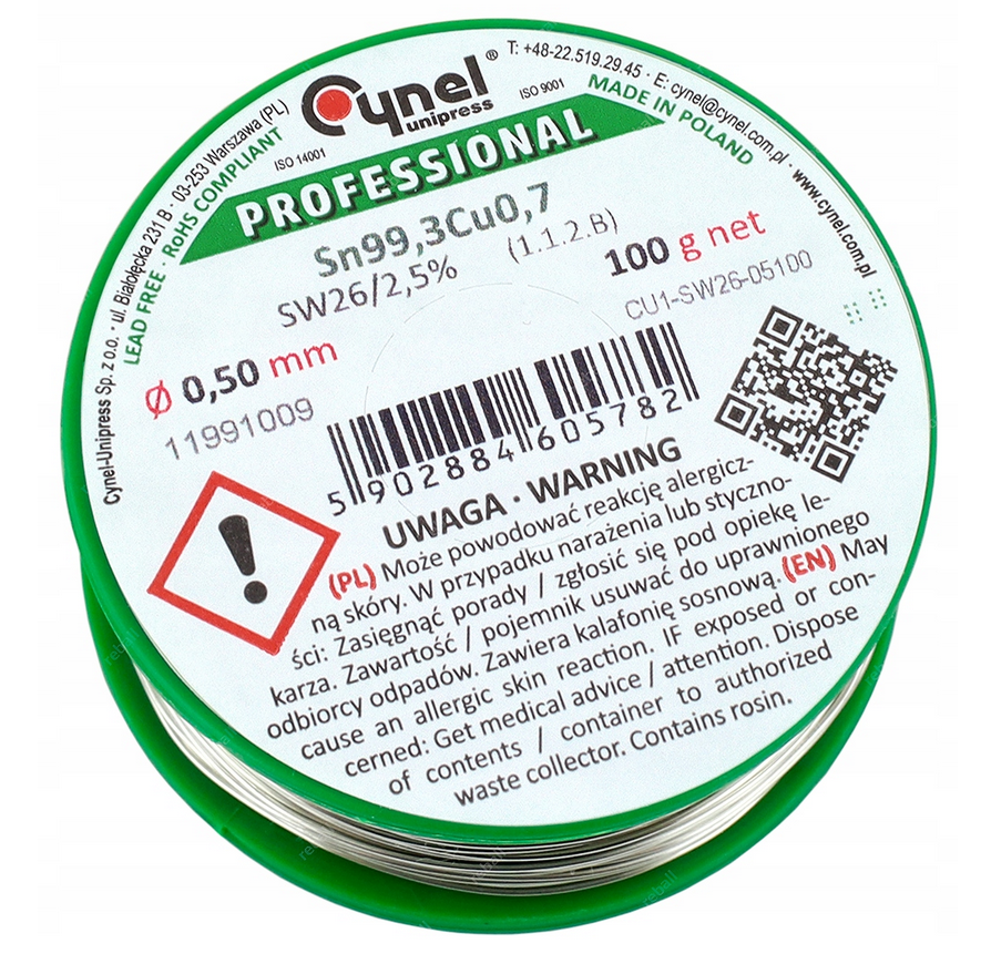 Cynel cyna do lutowania bezołowiowy Sn99.3Cu0.7 1.1.3 topnik 3% Ø0.50mm 100g