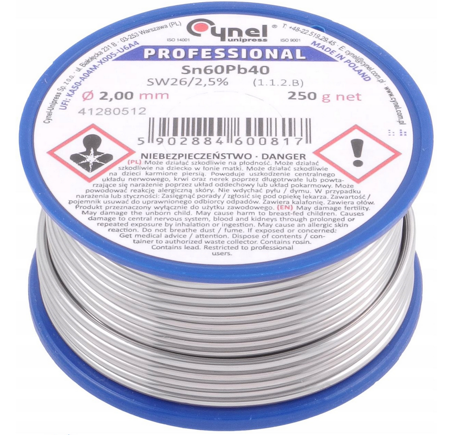 Cynel cyna do lutowania spoiwa Sn60Pb40 SW26 z topnikiem 2,5% Ø2.00mm 250g