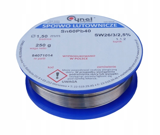 Cynel cyna do lutowania spoiwa Sn60Pb40 SW26 z topnikiem 2,5% Ø1.50mm 250g