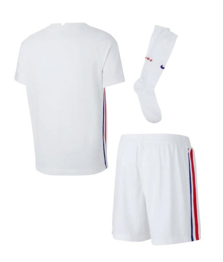 Biały komplet piłkarski Nike France CD1270-100 S 104-110 cm detal z logo Nike Swoosh