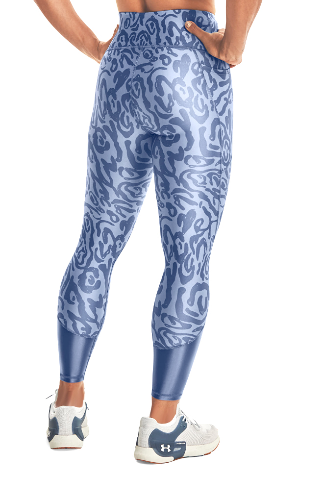 Damskie jasnoniebieskie legginsy Under Armour HeatGear 1361015-470 SM przód z ciemnoniebieskimi wzorkami