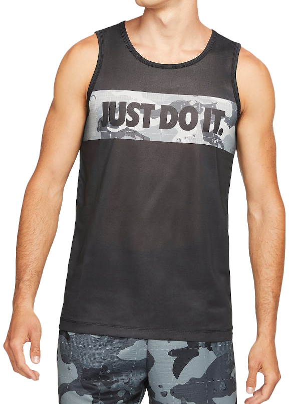 Czarna koszulka męska Nike Tank Camo GFX Dri-FIT DD6891-010 S przód z napisem JUST DO IT