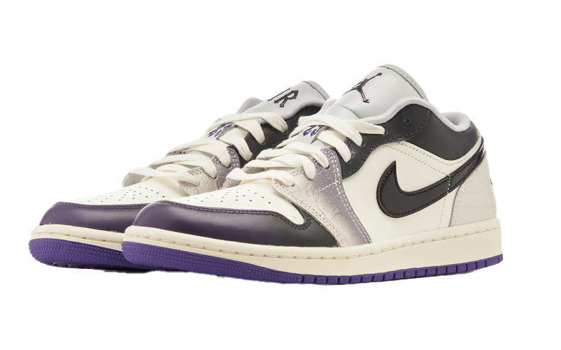 Czarno-białe damskie sneakersy Nike Air Jordan 1 Low SE Punk Rock HF5759-101 41 przód ze skórzanymi nakładkami i szarymi akcentami