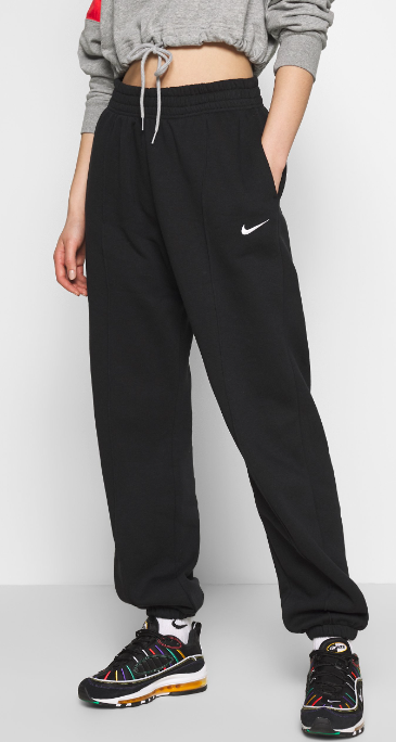 Boczny widok czarnych damskich spodni Nike Sportswear Essential Loose Fit DQ0388-010 L z mankietami
