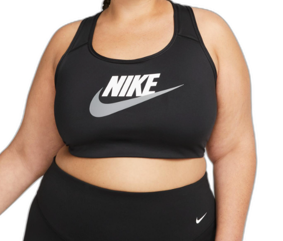 Czarny biustonosz sportowy Nike Swoosh Plus Futura 1X przód z napisem NIKE i szarym logo