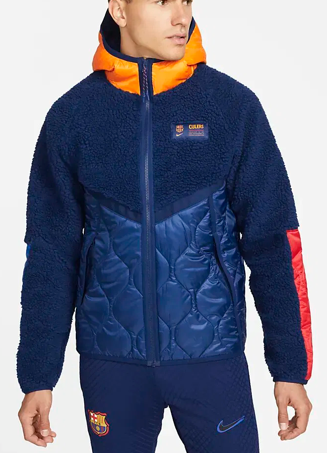 Niebieska męska kurtka Nike FC Barcelona 21/22 Sportswear Winter DJ5820-492 XS przód z ocieplanym kapturem