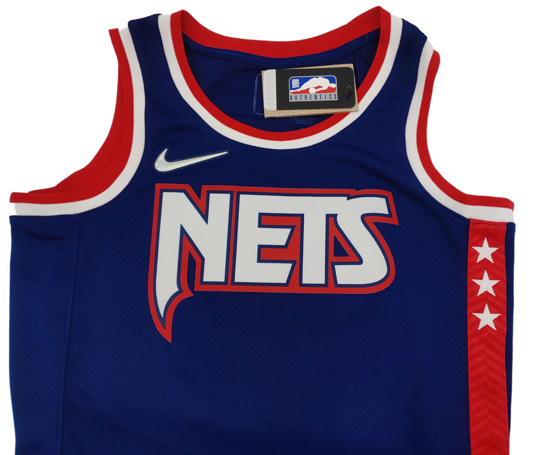 Boczny widok niebieskiej męskiej koszulki NBA Swingman Nike Brooklyn Nets City Edition DB4055-492 M z mankietami