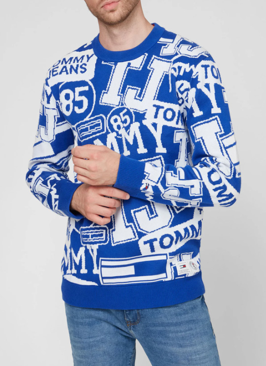 Męski niebieski sweter Tommy Jeans DM0DM05070 M z nadrukami logo